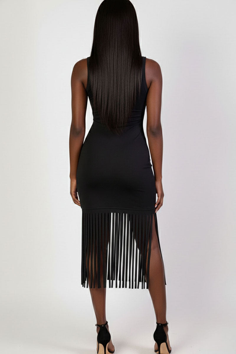 Vestido midi sin mangas con flecos
