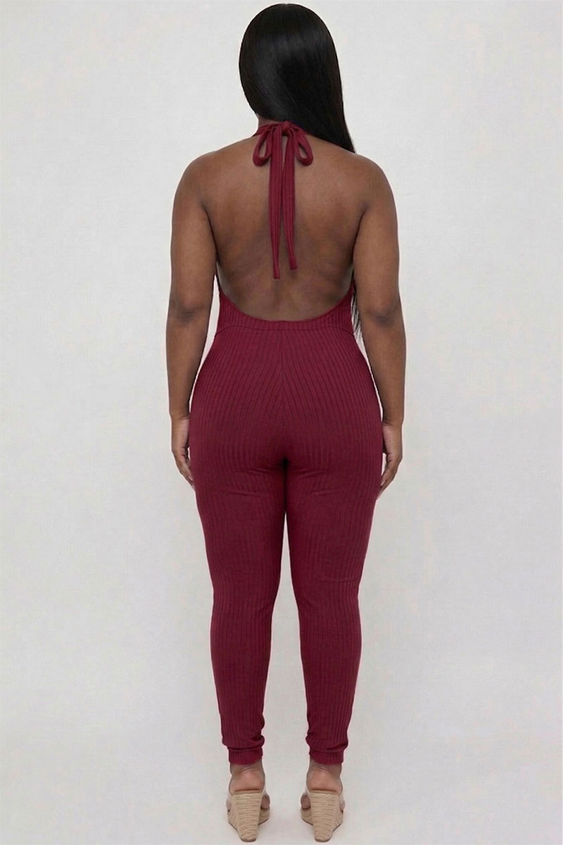 Plus Size Halter V Neck Ribbed Bodycon Jumpsuit