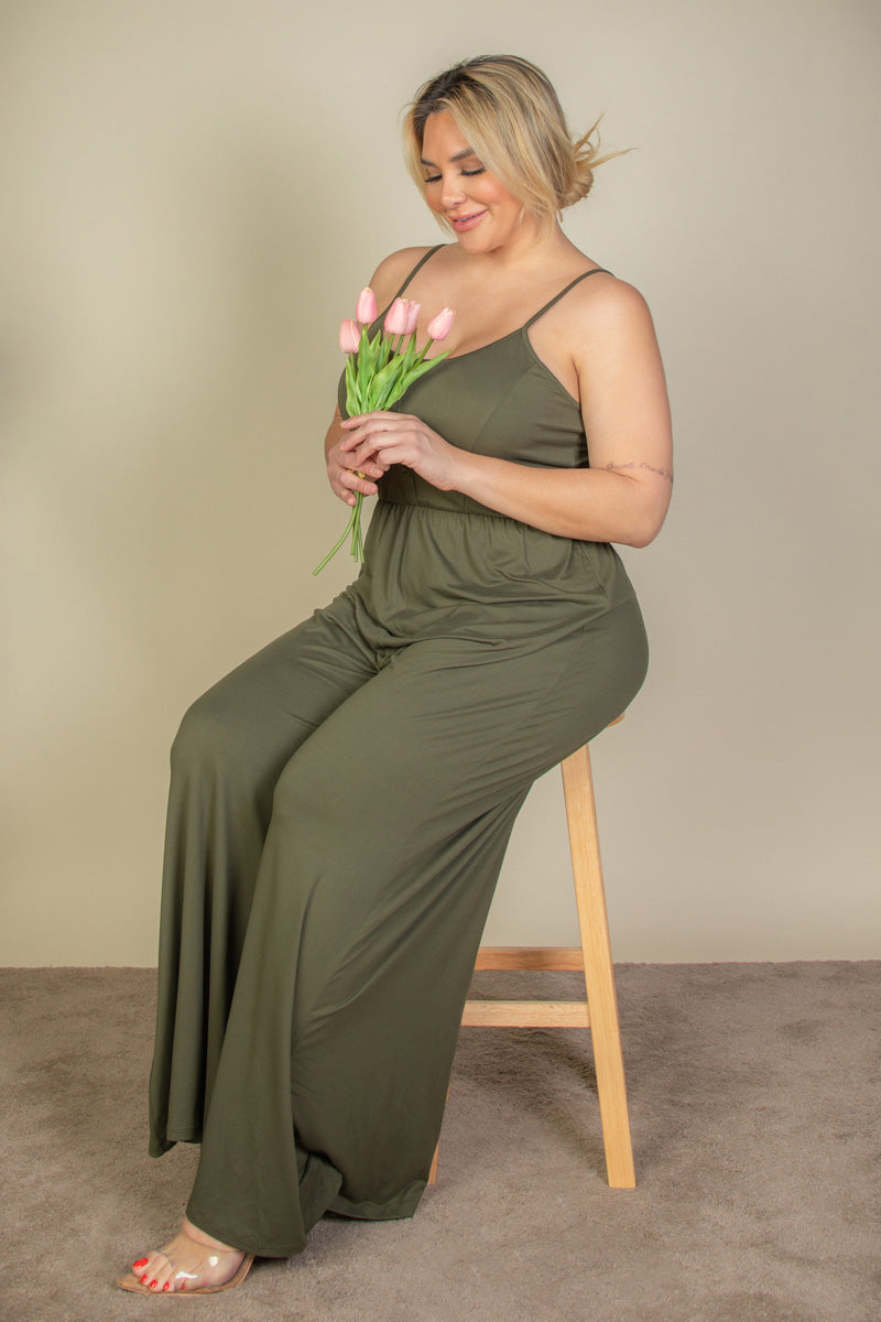 Plus Size Button Front Wide Leg Jumpsuit - Capella Apparel