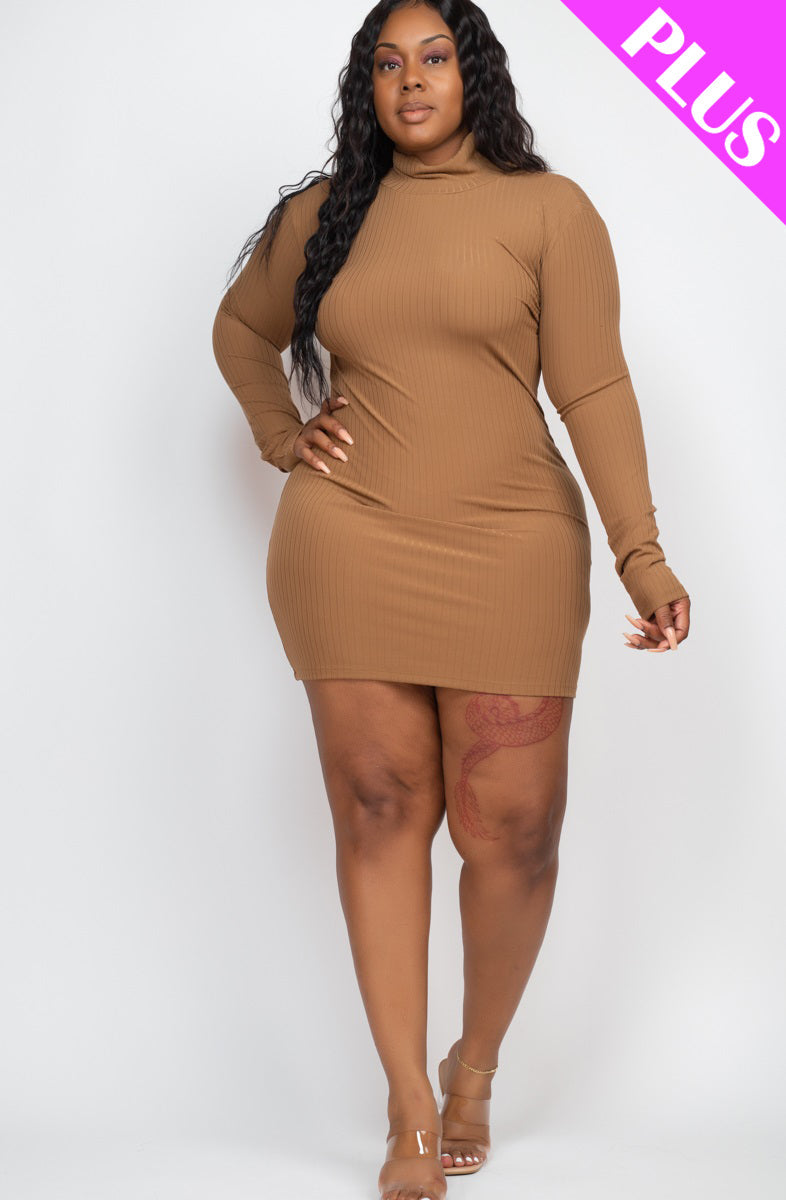 Plus Size Ribbed Long Sleeve Mock neck Mini Bodycon dress (CAPELLA) - Capella Apparel