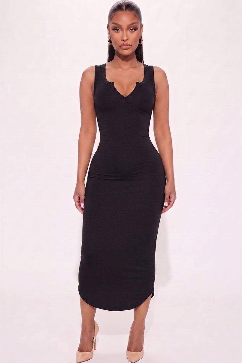 Vestido midi sin mangas con cuello dividido