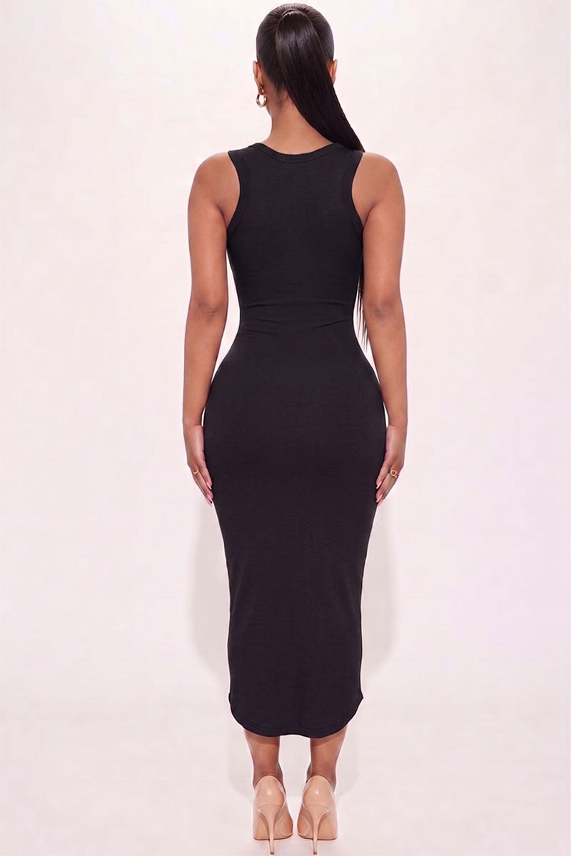 Vestido midi sin mangas con cuello dividido