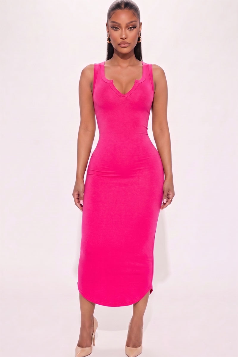 Vestido midi sin mangas con cuello dividido