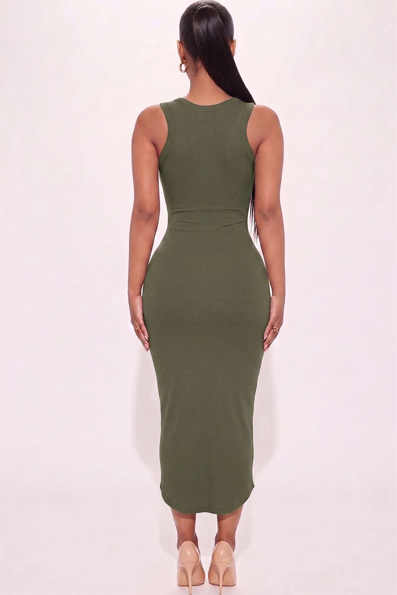 Vestido midi sin mangas con cuello dividido