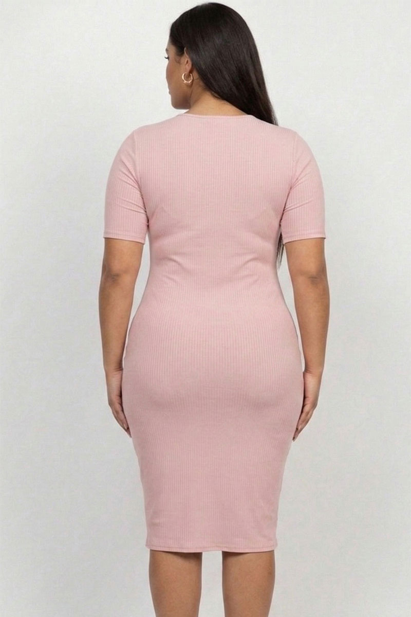 Plus Size Short Sleeved Ribbed Bodycon Midi Dress