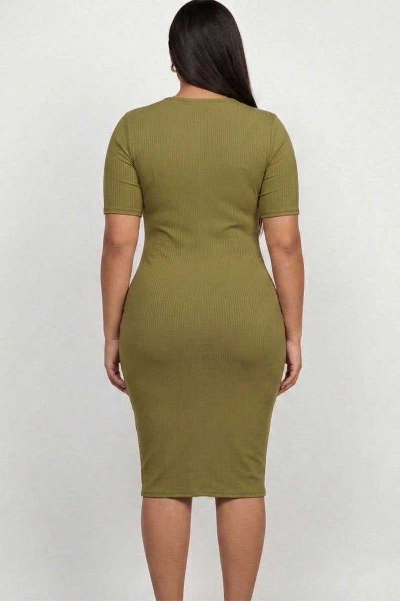 Plus Size Short Sleeved Ribbed Bodycon Midi Dress