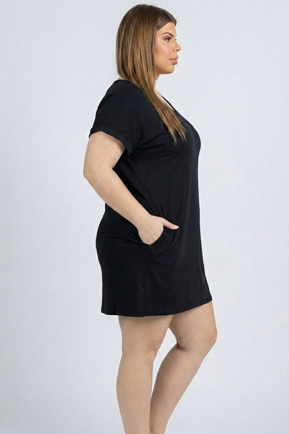 Plus Size Cap Sleeve Pocket Mini Dress