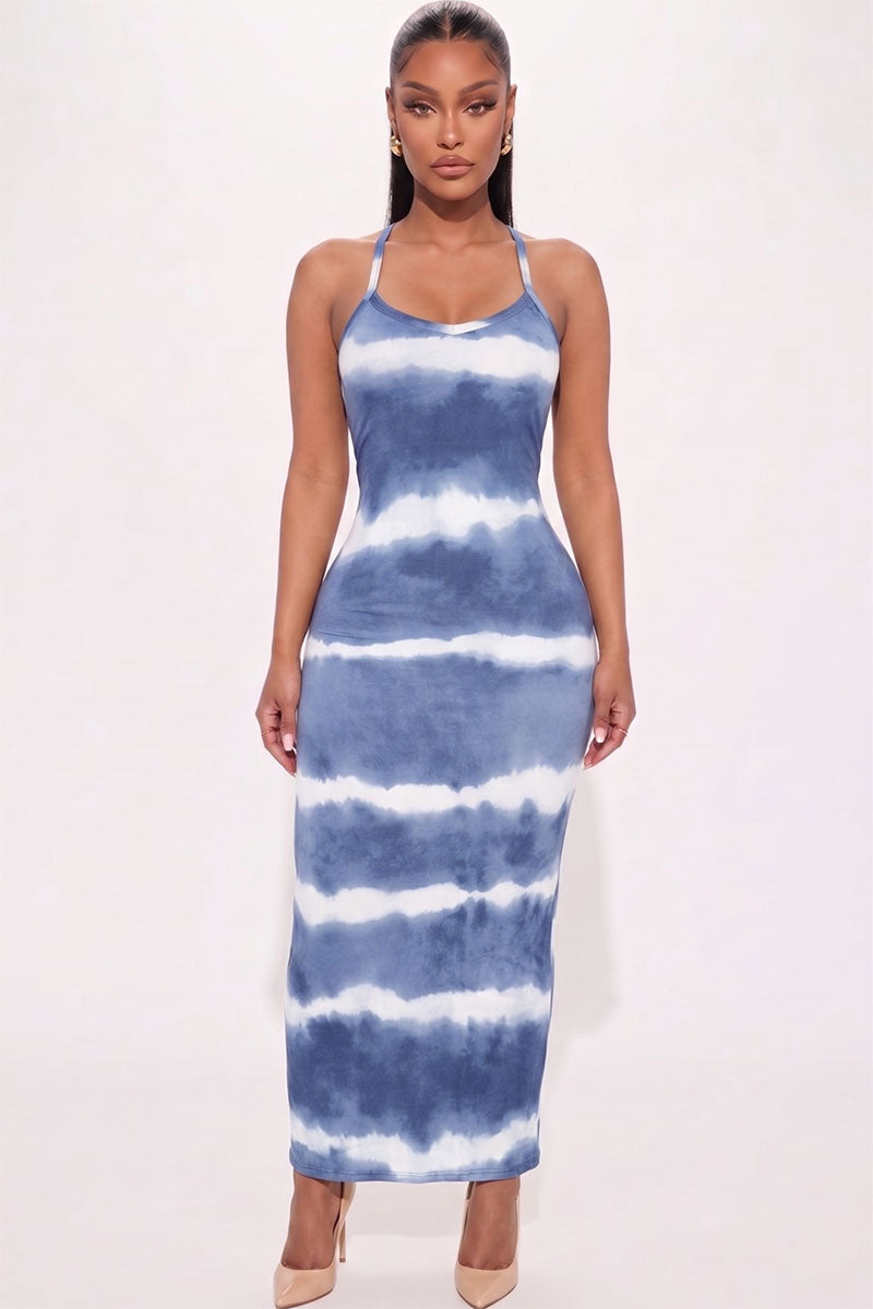 Vestido largo con estampado tie-dye a rayas