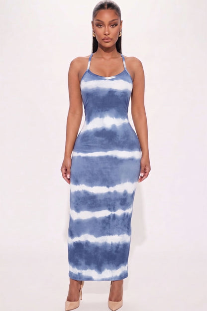Vestido largo con estampado tie-dye a rayas