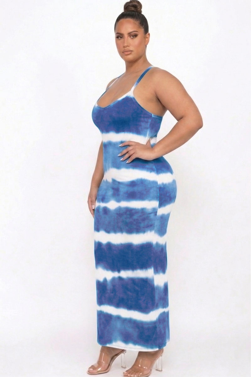 Plus Size Stripe Tie-Dye Printed Maxi Dress