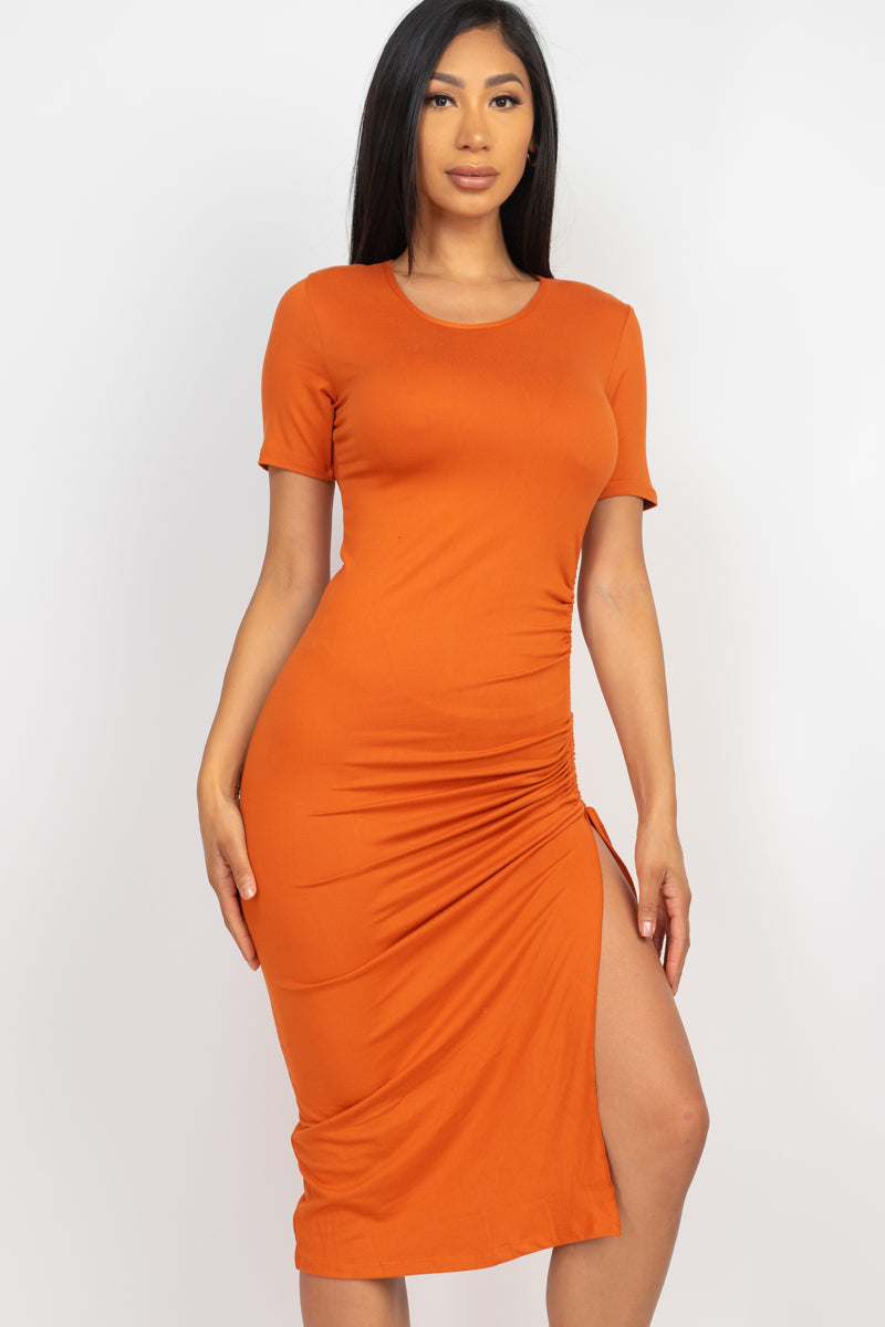 Drawstring Ruched Side Split Hem Midi Dress - Wholesale Capella Apparel