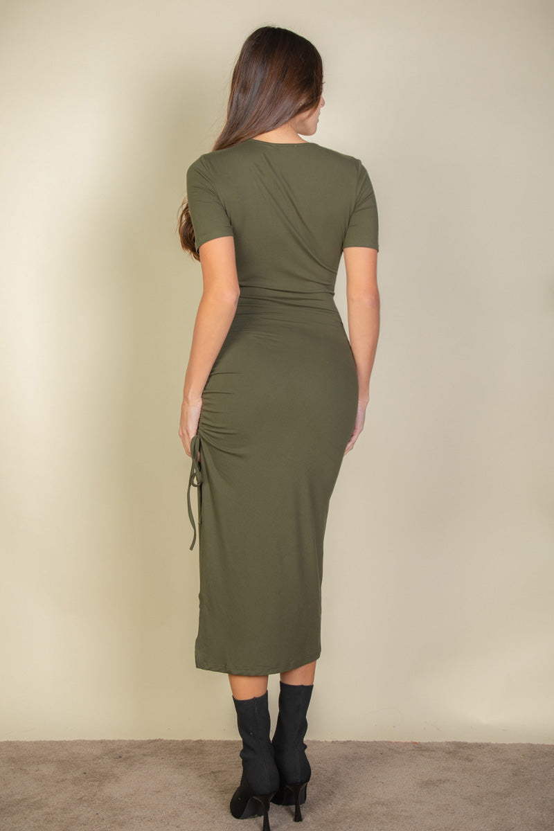 Drawstring Ruched Side Split Hem Midi Dress - Wholesale Capella Apparel