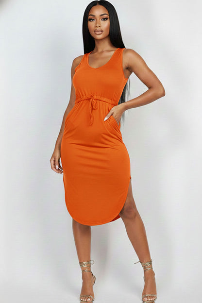 Drawstring Sleeveless Midi Dress