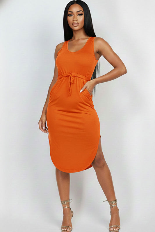 Drawstring Sleeveless Midi Dress