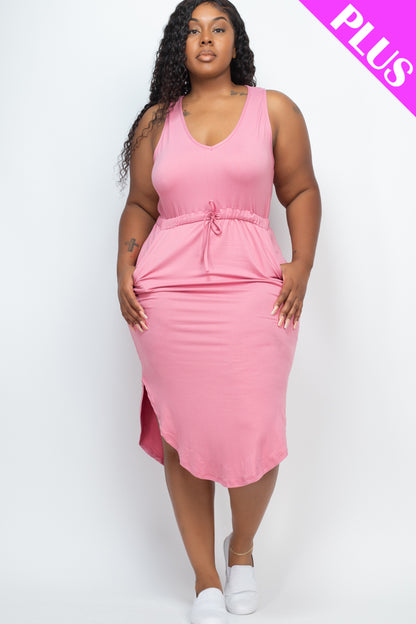 PLUS SIZE DRAWSTRING SLEEVELESS MIDI DRESS (CAPELLA) - Capella Apparel