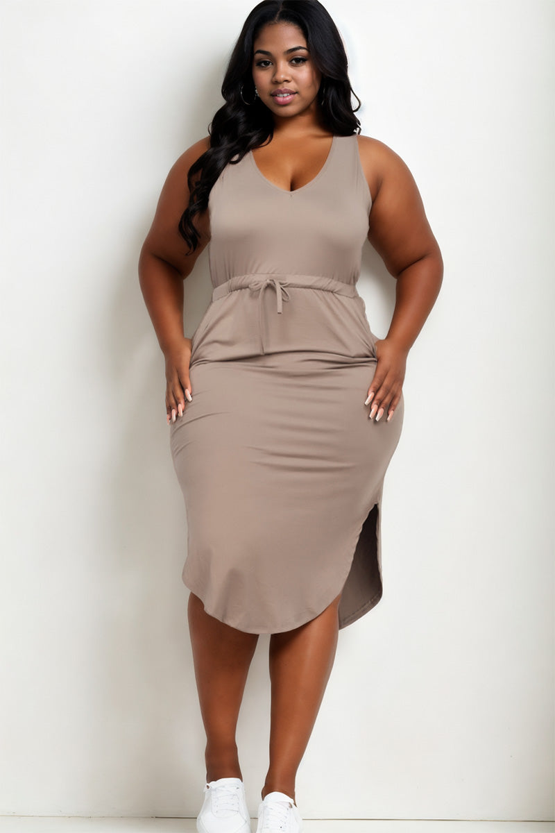 Plus Size Drawstring Sleeveless Midi Dress - Capella Apparel Wholesale