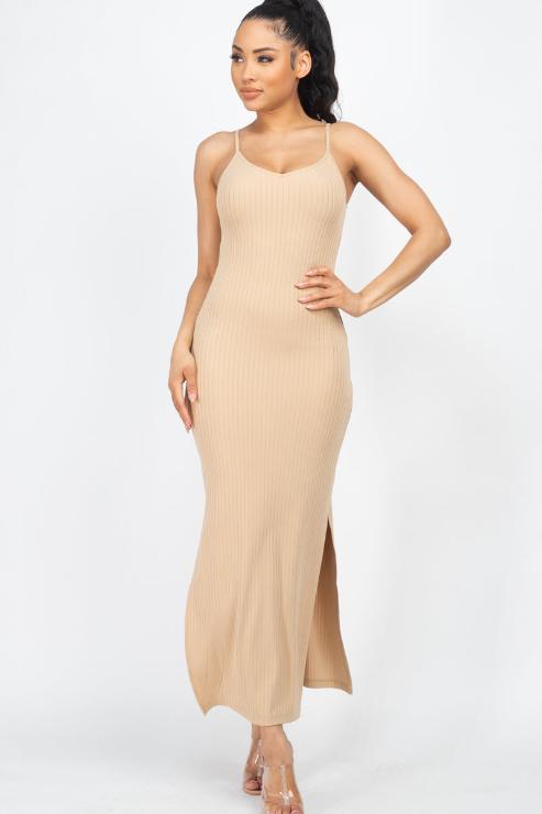 Ribbed Side Slit Long Cami Dress - Wholesale Capella Apparel