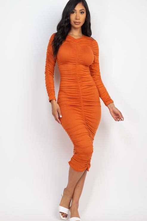 Ruched Long Sleeve Midi Dress - Capella Apparel