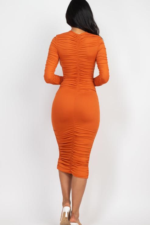 Ruched Long Sleeve Midi Dress - Capella Apparel