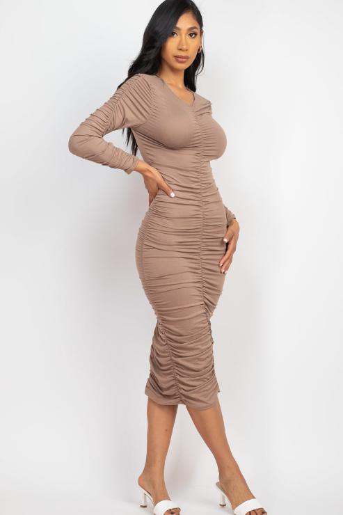 Ruched Long Sleeve Midi Dress - Capella Apparel