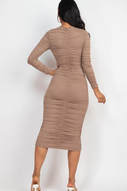 Ruched Long Sleeve Midi Dress - Capella Apparel