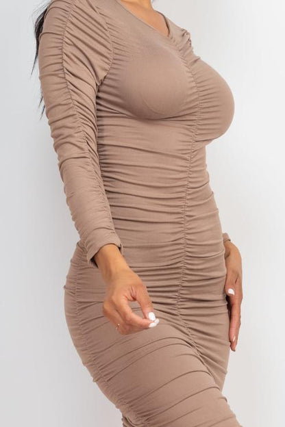 Ruched Long Sleeve Midi Dress - Capella Apparel