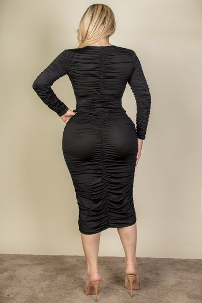 Plus Size Ruched Long Sleeve Midi Dress - Capella Apparel