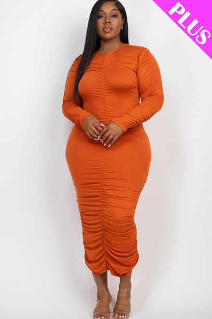 Plus Size Ruched Long Sleeve Midi Dress - Capella Apparel