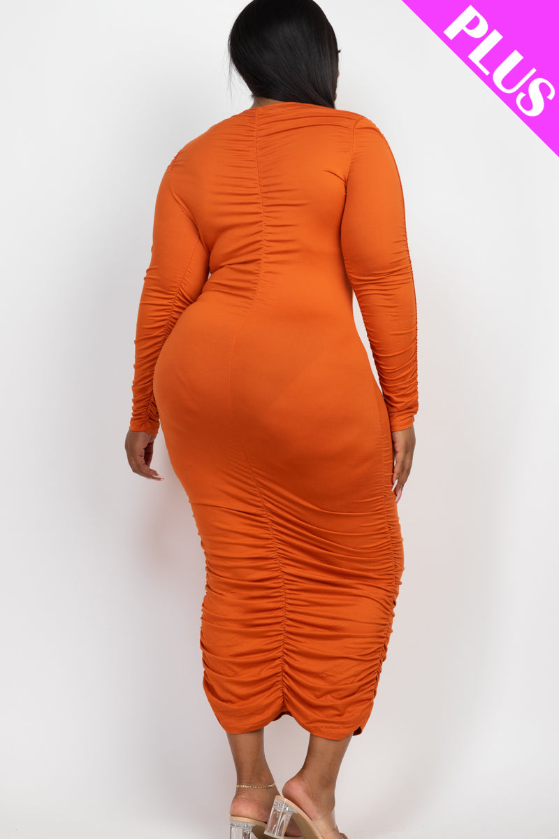 Plus Size Ruched Long Sleeve Midi Dress - Capella Apparel