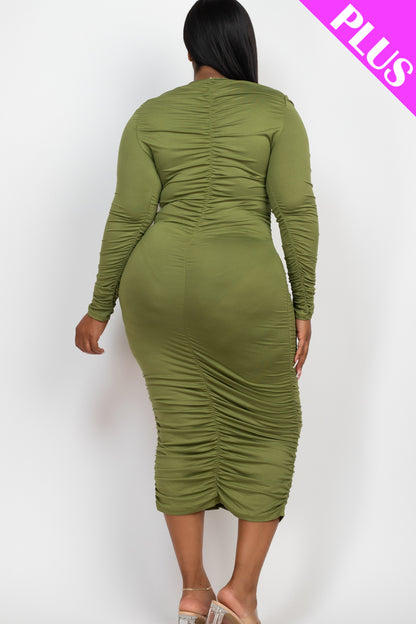 Plus Size Ruched Long Sleeve Midi Dress - Capella Apparel