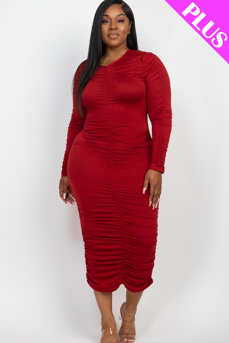 Plus Size Ruched Long Sleeve Midi Dress - Capella Apparel