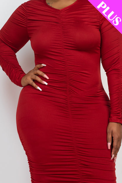 Plus Size Ruched Long Sleeve Midi Dress - Capella Apparel