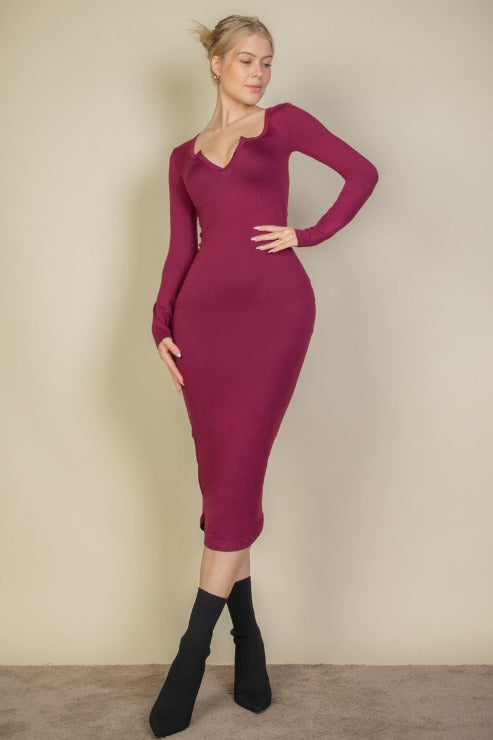 Split Neck Long Sleeve Midi Dress - Capella Apparel