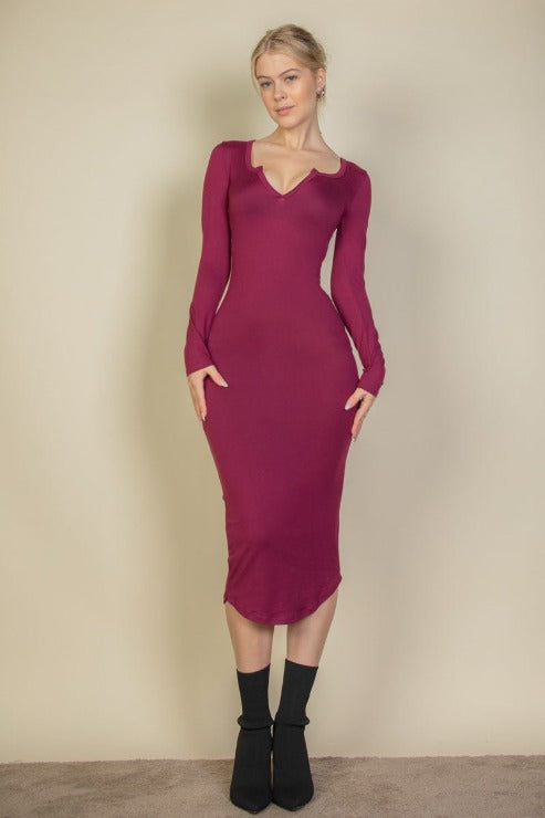 Split Neck Long Sleeve Midi Dress - Capella Apparel