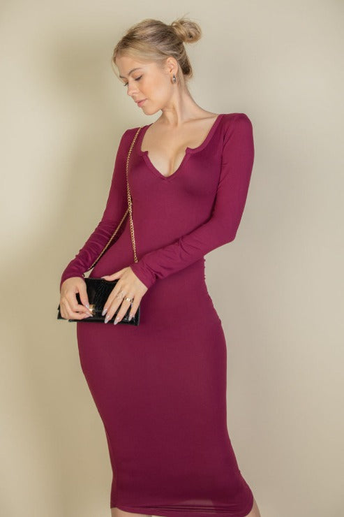 Split Neck Long Sleeve Midi Dress - Capella Apparel