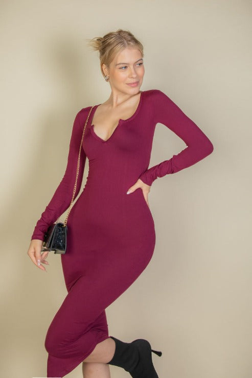 Split Neck Long Sleeve Midi Dress - Capella Apparel