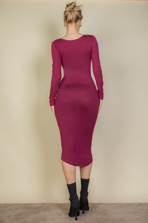 Split Neck Long Sleeve Midi Dress - Capella Apparel