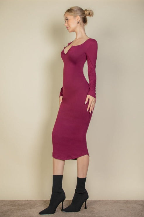 Split Neck Long Sleeve Midi Dress - Capella Apparel