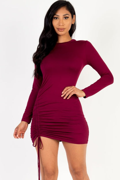 Solid Ruched Drawstring Long Sleeve Bodycon Mini Dress - Capella Apparel