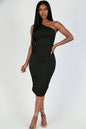 Vestido ajustado a media pierna con un hombro fruncido en color sólido sexy