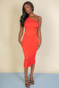 Sexy Solid Color Ruched One Shoulder Midi Bodycon Dress