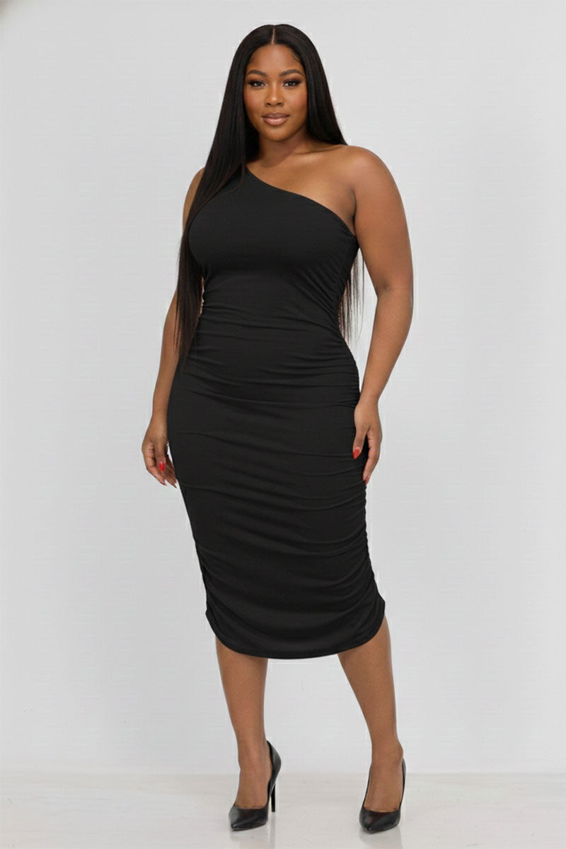 Plus Size Sexy Solid Color Ruched One Shoulder Midi Bodycon Dress
