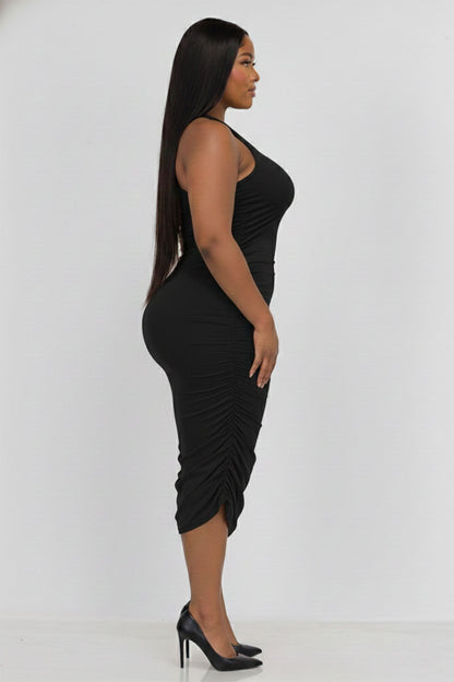 Plus Size Sexy Solid Color Ruched One Shoulder Midi Bodycon Dress