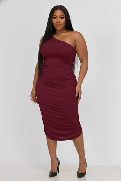Plus Size Sexy Solid Color Ruched One Shoulder Midi Bodycon Dress