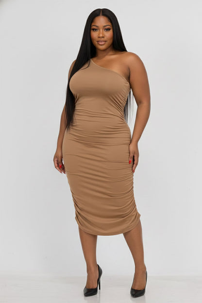 Plus Size Sexy Solid Color Ruched One Shoulder Midi Bodycon Dress