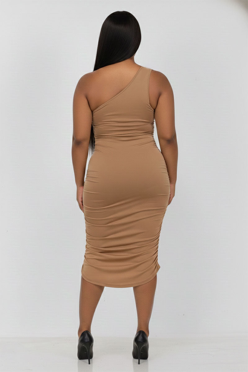 Plus Size Sexy Solid Color Ruched One Shoulder Midi Bodycon Dress