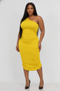 Plus Size Sexy Solid Color Ruched One Shoulder Midi Bodycon Dress