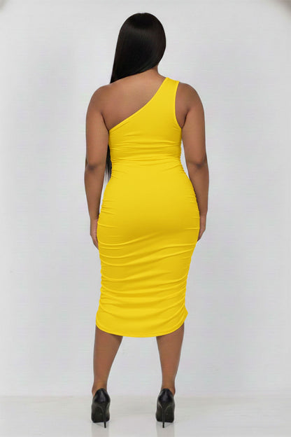 Plus Size Sexy Solid Color Ruched One Shoulder Midi Bodycon Dress