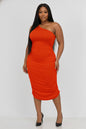 Plus Size Sexy Solid Color Ruched One Shoulder Midi Bodycon Dress