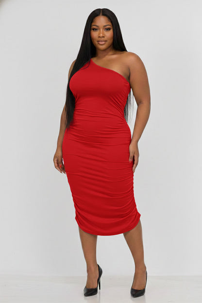 Plus Size Sexy Solid Color Ruched One Shoulder Midi Bodycon Dress